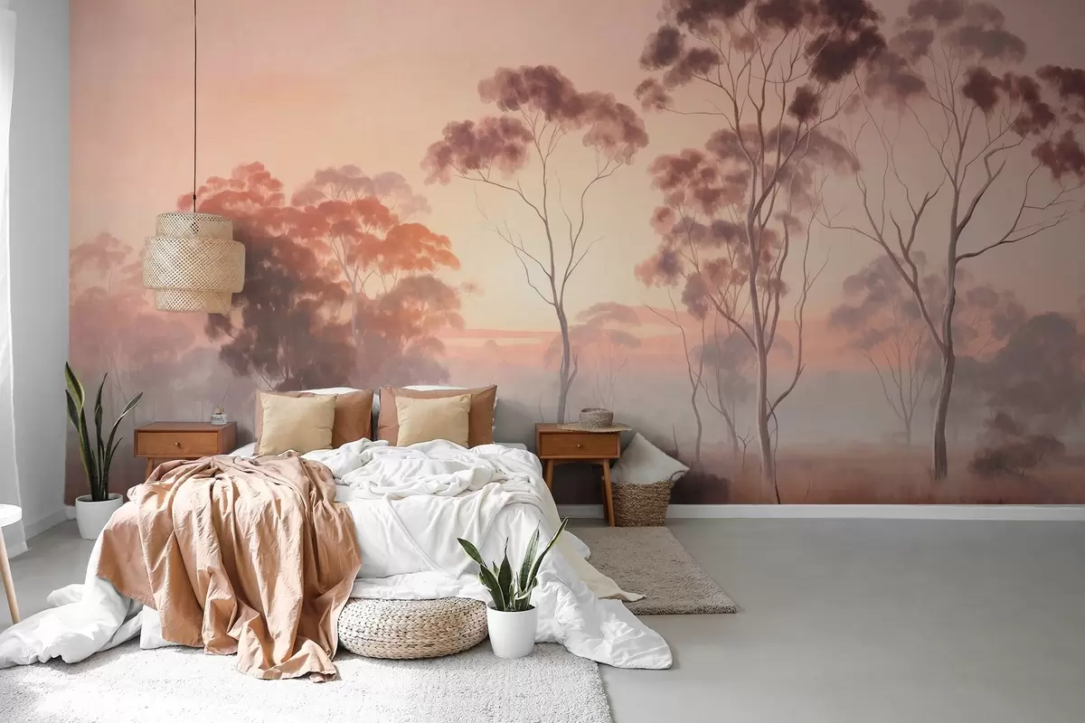 Fotobehang Een landschap met eucalyptusbomen in een veld met pastelroze en oranje lucht, een lichte mist, schilderij getextureerde stijl w09367