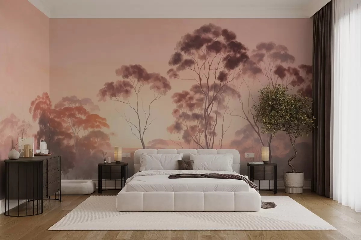 Fotobehang Een landschap met eucalyptusbomen in een veld met pastelroze en oranje lucht, een lichte mist, schilderij getextureerde stijl w09367