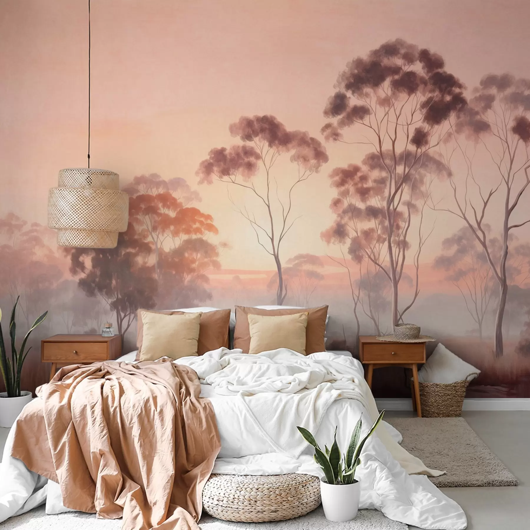 Fotobehang Een landschap met eucalyptusbomen in een veld met pastelroze en oranje lucht, een lichte mist, schilderij getextureerde stijl w09367