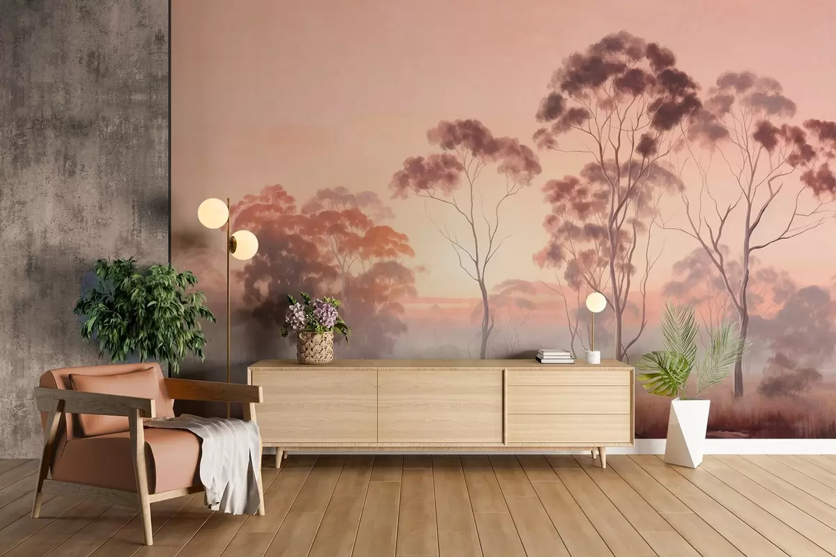 Fotobehang Een landschap met eucalyptusbomen in een veld met pastelroze en oranje lucht, een lichte mist, schilderij getextureerde stijl w09367