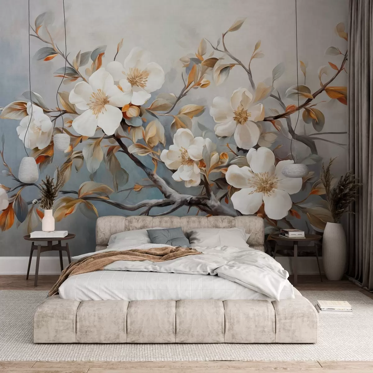 Fotobehang Witte bloemen met gele stampers op een boomtak met bladeren, lichte achtergrond, vintage schilderijstijl, structuurprint w09368