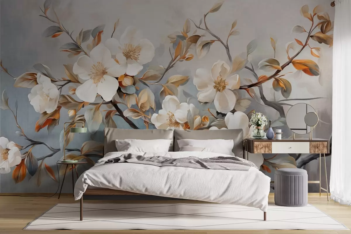 Fotobehang Witte bloemen met gele stampers op een boomtak met bladeren, lichte achtergrond, vintage schilderijstijl, structuurprint w09368