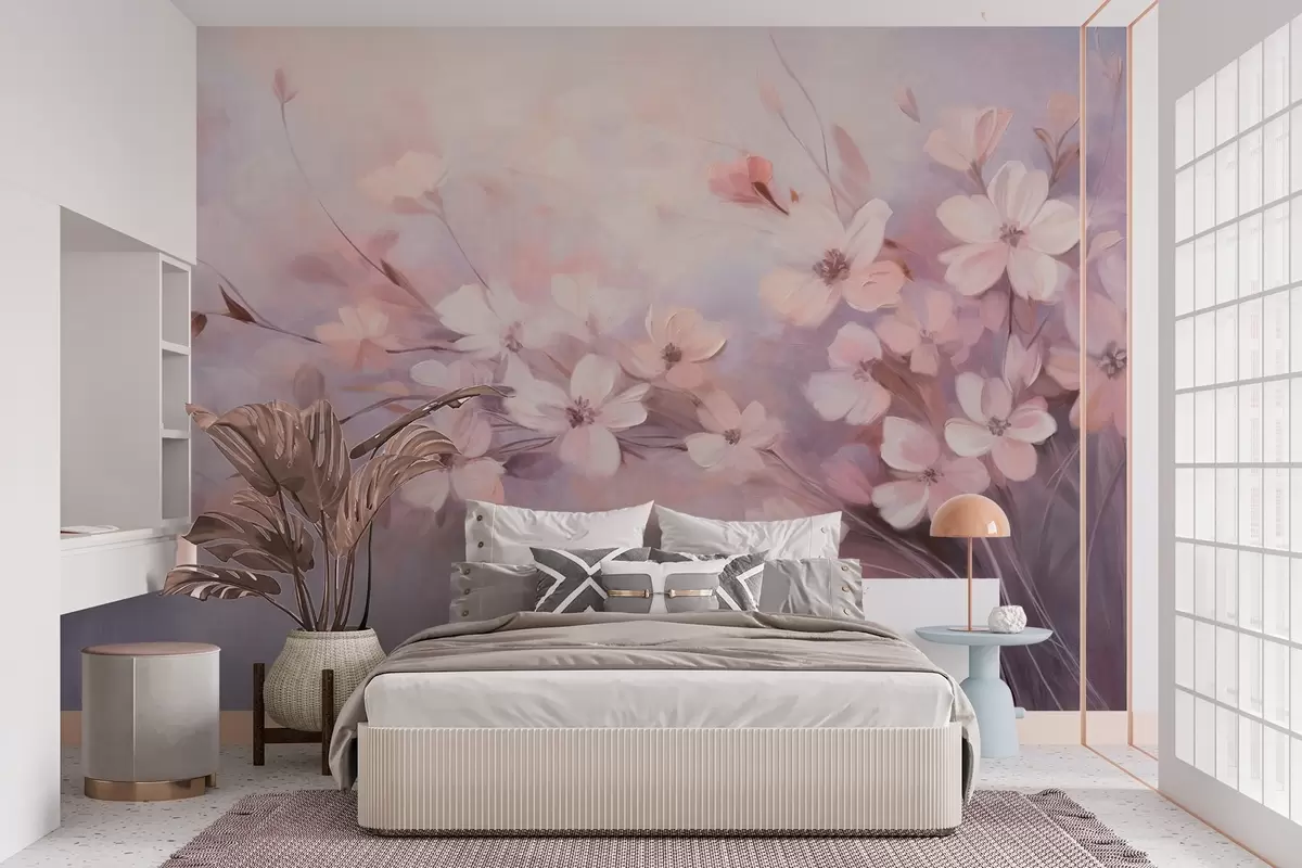 Fotobehang Een bloemstuk met delicate bloemen met zachte, vage randen, tegen een pastelkleurige achtergrond van lavendel- en lichtroze tinten w09369