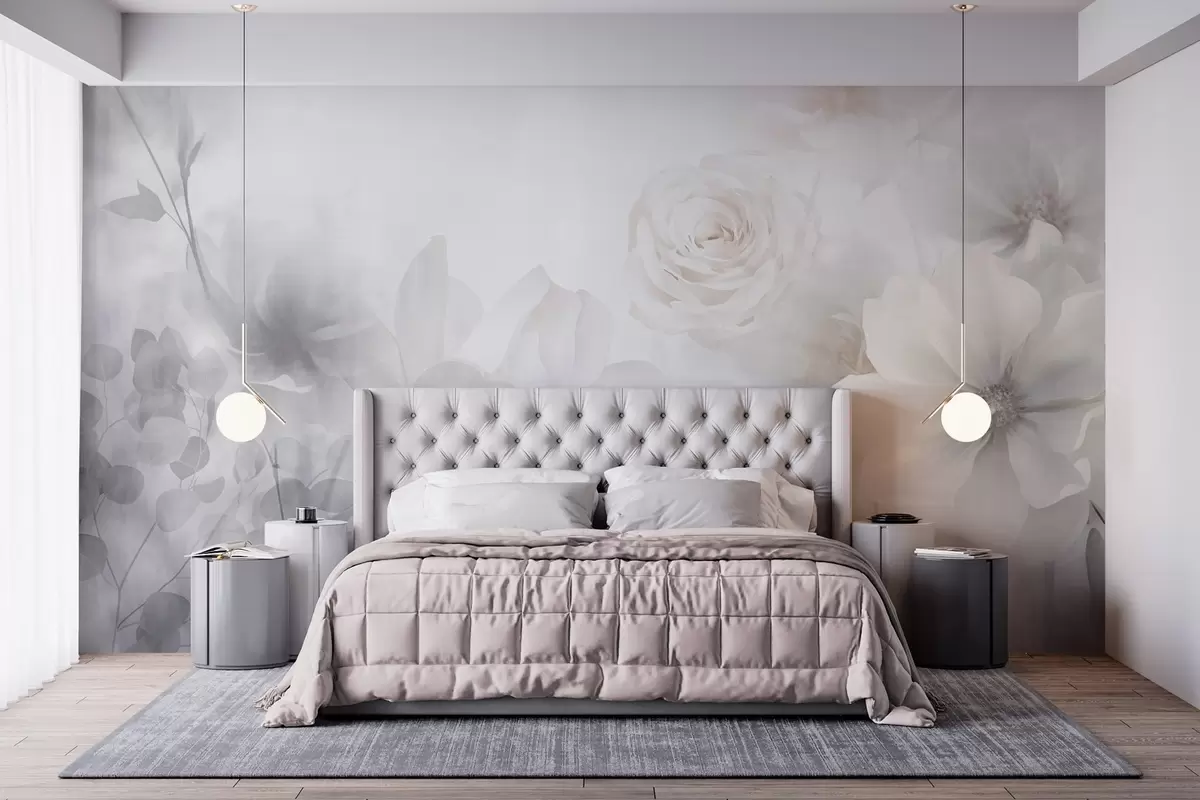 Fotobehang Een delicaat abstract bloemstuk met pastelroze rozen en magnolia's, zachte focus, lichtgrijze achtergrond w09371
