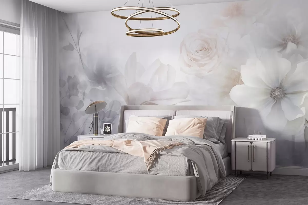 Fotobehang Een delicaat abstract bloemstuk met pastelroze rozen en magnolia's, zachte focus, lichtgrijze achtergrond w09371