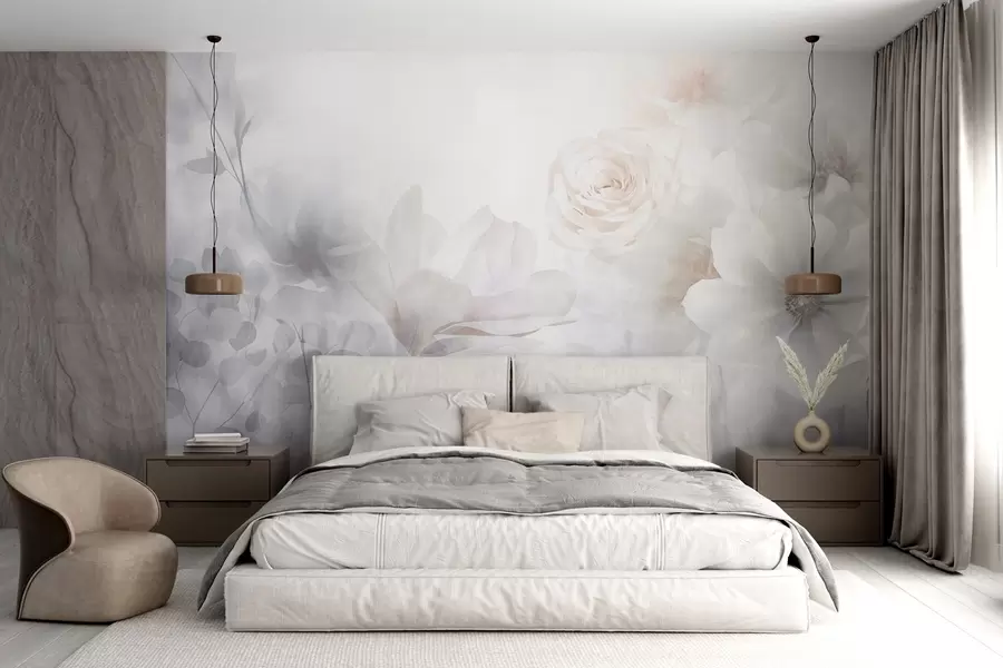 Fotobehang Een delicaat abstract bloemstuk met pastelroze rozen en magnolia's, zachte focus, lichtgrijze achtergrond w09371