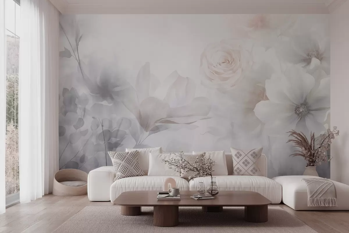 Fotobehang Een delicaat abstract bloemstuk met pastelroze rozen en magnolia's, zachte focus, lichtgrijze achtergrond w09371