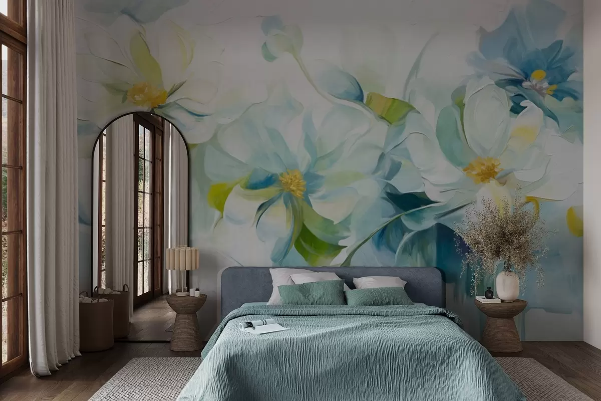 Fotobehang Abstracte witte en blauwe bloemen met gele stampers en groene bladeren, op een witte achtergrond, getextureerde schilderstijl w09372
