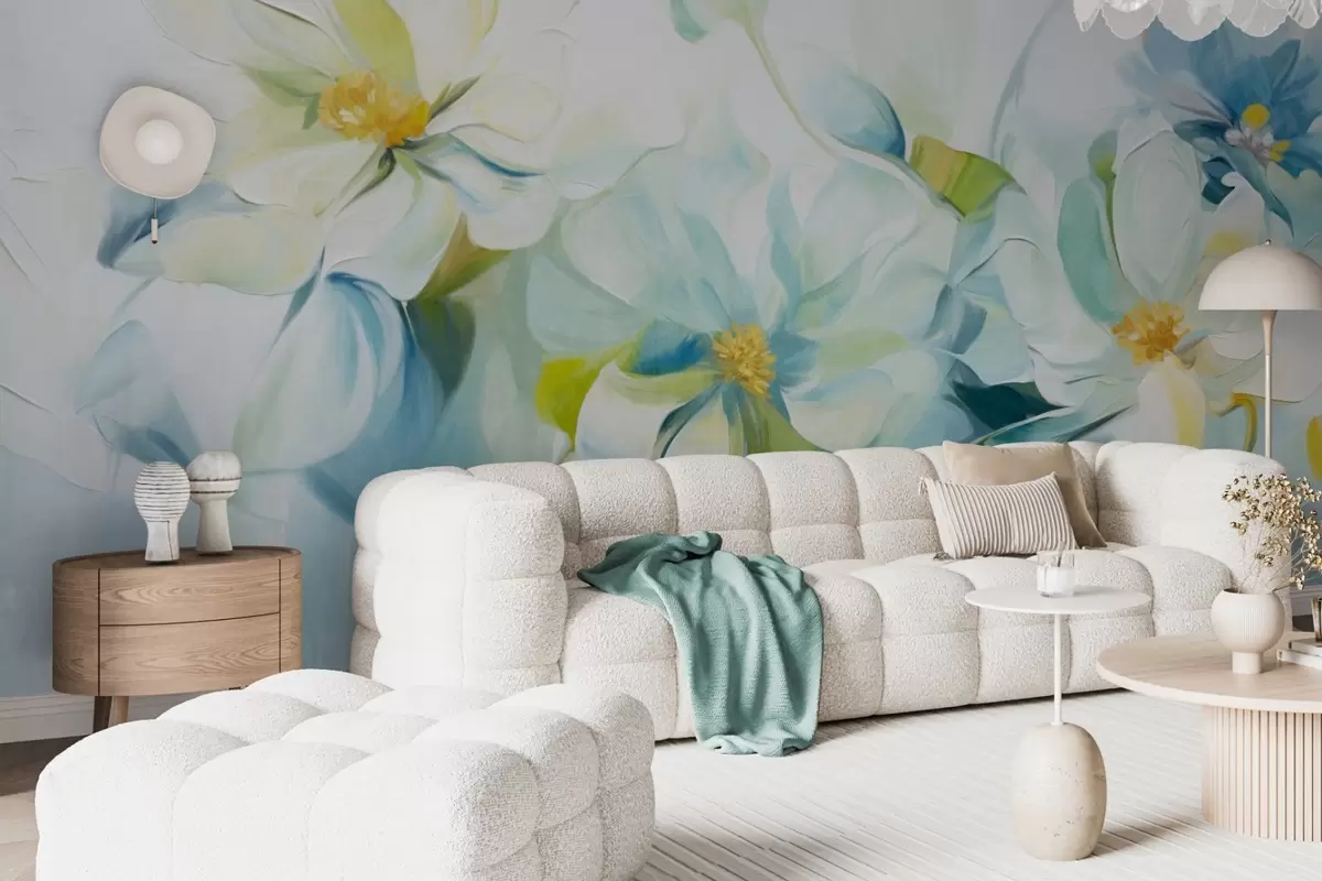 Fotobehang Abstracte witte en blauwe bloemen met gele stampers en groene bladeren, op een witte achtergrond, getextureerde schilderstijl w09372