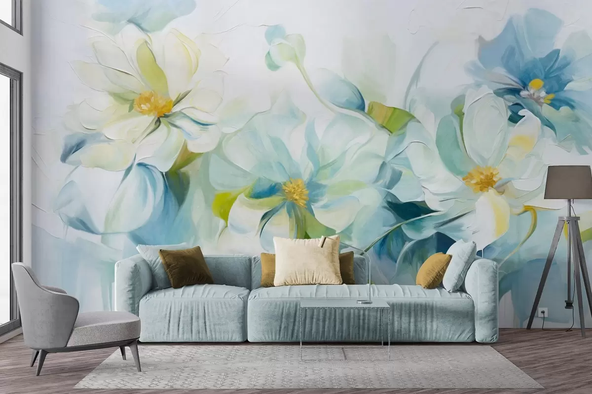 Fotobehang Abstracte witte en blauwe bloemen met gele stampers en groene bladeren, op een witte achtergrond, getextureerde schilderstijl w09372