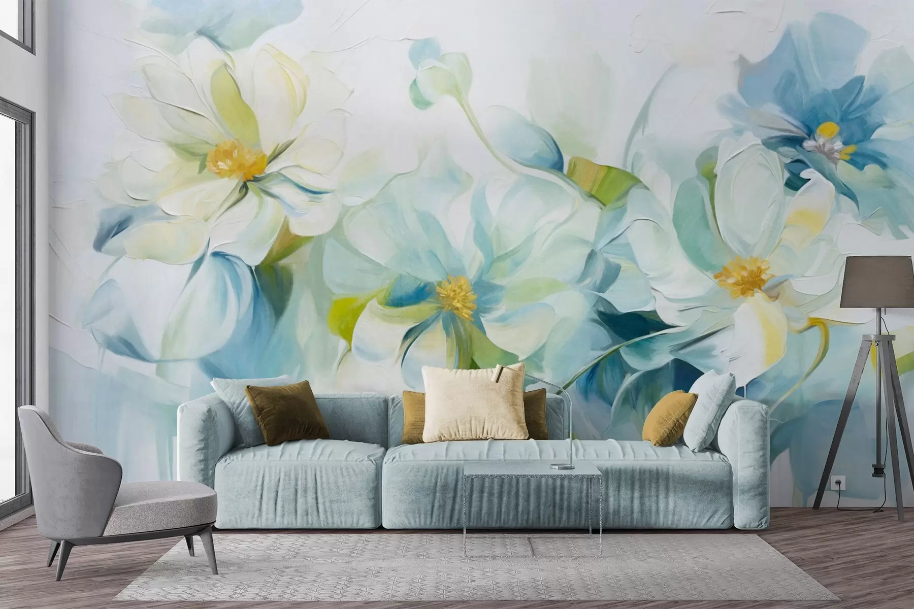 Fotobehang Abstracte witte en blauwe bloemen met gele stampers en groene bladeren, op een witte achtergrond, getextureerde schilderstijl w09372