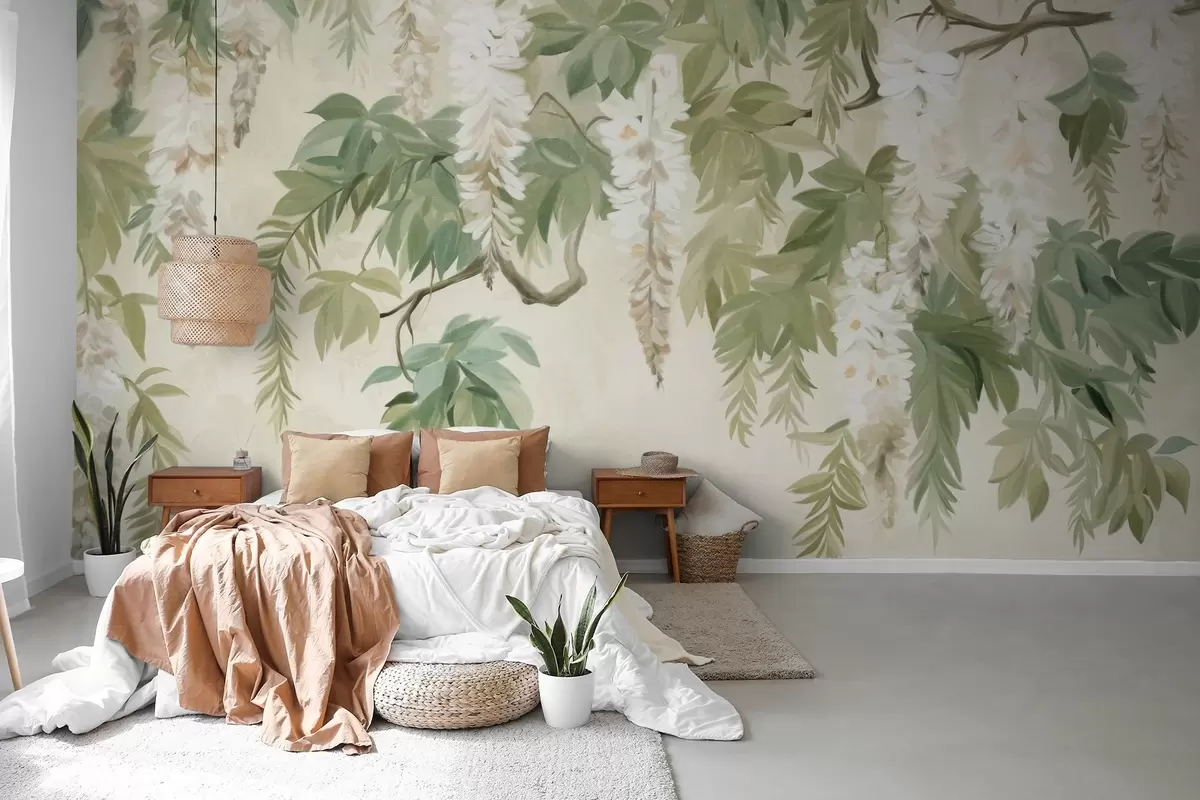Fotobehang Wisteria takken met witte bloemen en groene bladeren, groene achtergrond, getextureerde vintage schilderij stijl w09375