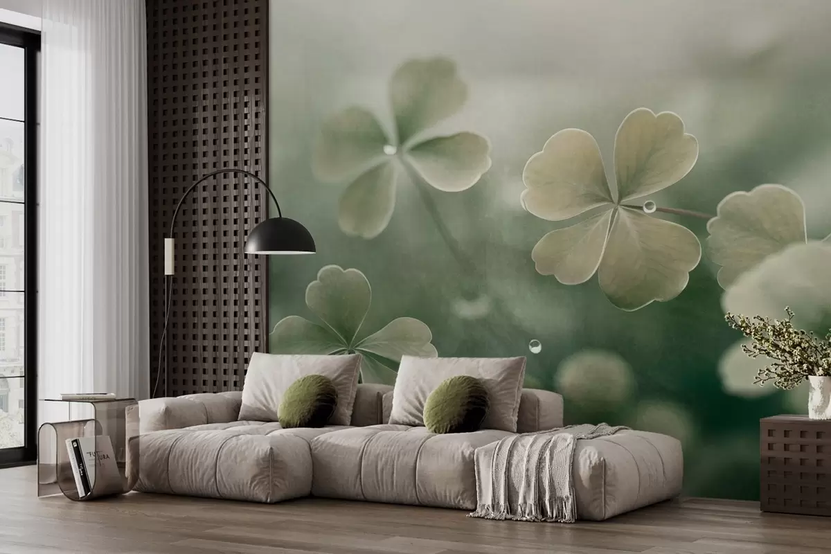 Fotobehang Klavertjes vier met waterdruppels, lichtgroene kleur, zachte focus, wazige achtergrond, structuurprint w09376