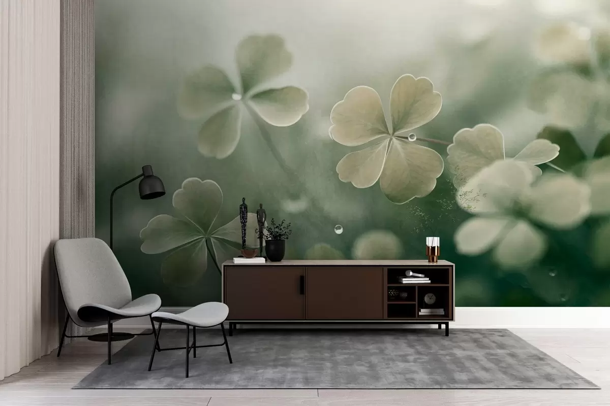 Fotobehang Klavertjes vier met waterdruppels, lichtgroene kleur, zachte focus, wazige achtergrond, structuurprint w09376