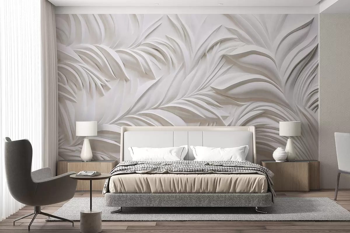 Fotobehang Abstract getextureerde witte bladeren en bloemenelementen, minimalistische esthetiek w09378