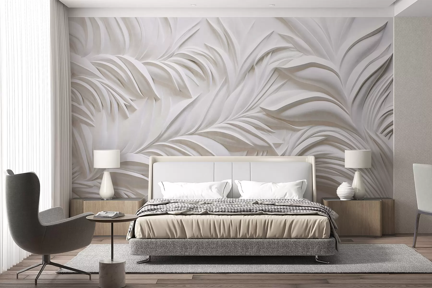 Fotobehang Abstract getextureerde witte bladeren en bloemenelementen, minimalistische esthetiek w09378