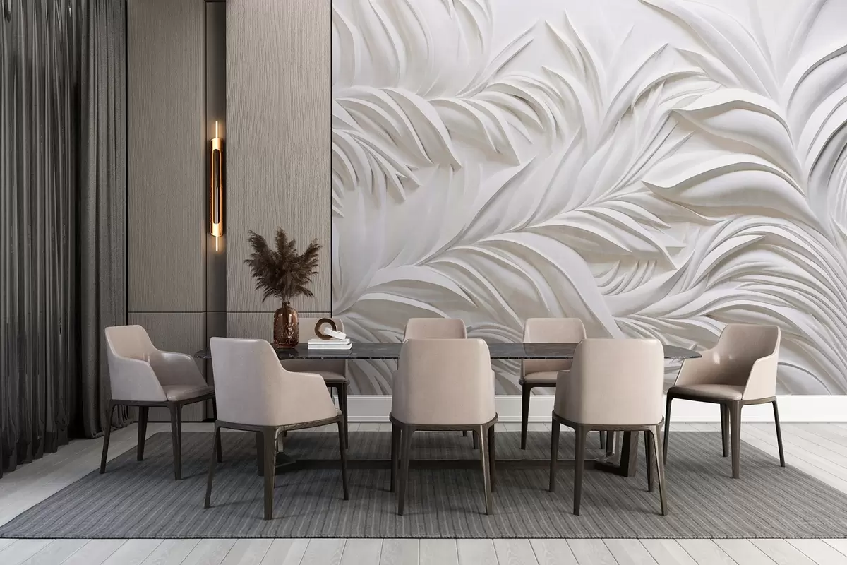 Fotobehang Abstract getextureerde witte bladeren en bloemenelementen, minimalistische esthetiek w09378