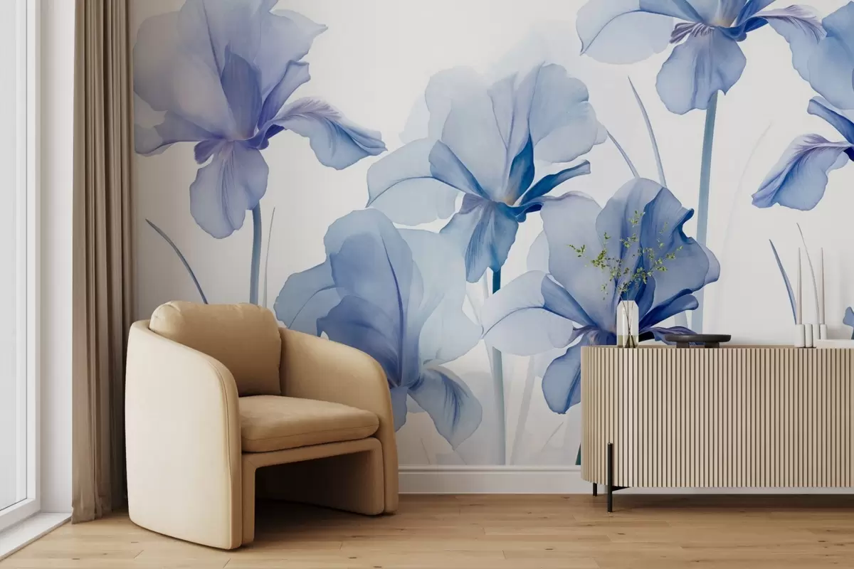 Fotobehang Blauwe irisbloemen met doorschijnende bloemblaadjes en lange stelen, gerangschikt in een rij tegen een blauwe achtergrond, zacht en gestructureerd w09379