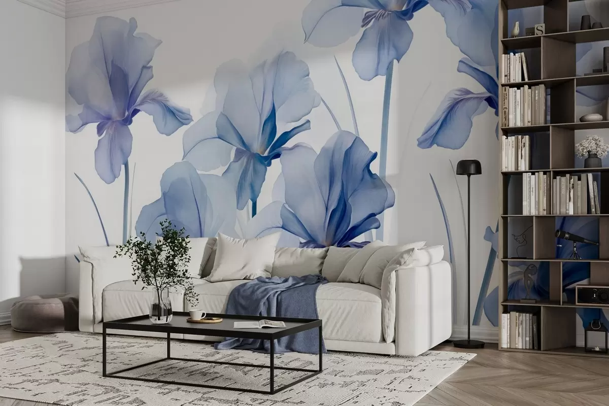 Fotobehang Blauwe irisbloemen met doorschijnende bloemblaadjes en lange stelen, gerangschikt in een rij tegen een blauwe achtergrond, zacht en gestructureerd w09379