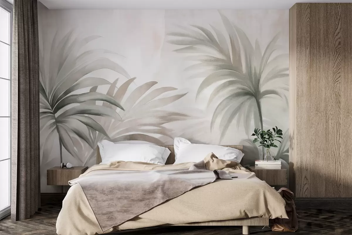 Fotobehang Palmboom getextureerde bladeren in neutrale kleuren, beige abstracte achtergrond, zachte penseelstreken, tropisch getextureerd gebladerte w09380
