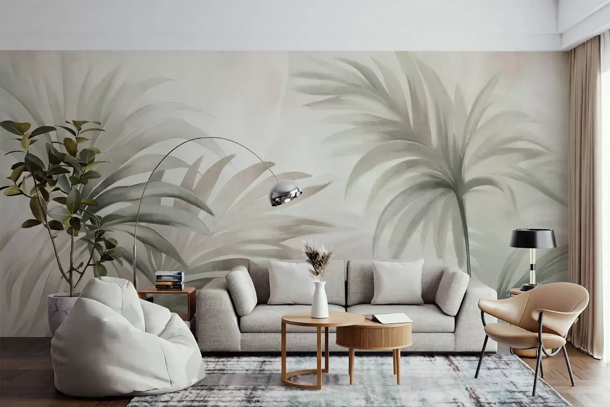 Fotobehang Palmboom getextureerde bladeren in neutrale kleuren, beige abstracte achtergrond, zachte penseelstreken, tropisch getextureerd gebladerte w09380