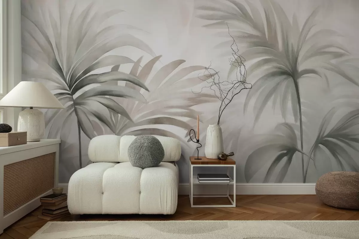 Fotobehang Palmboom getextureerde bladeren in neutrale kleuren, beige abstracte achtergrond, zachte penseelstreken, tropisch getextureerd gebladerte w09380