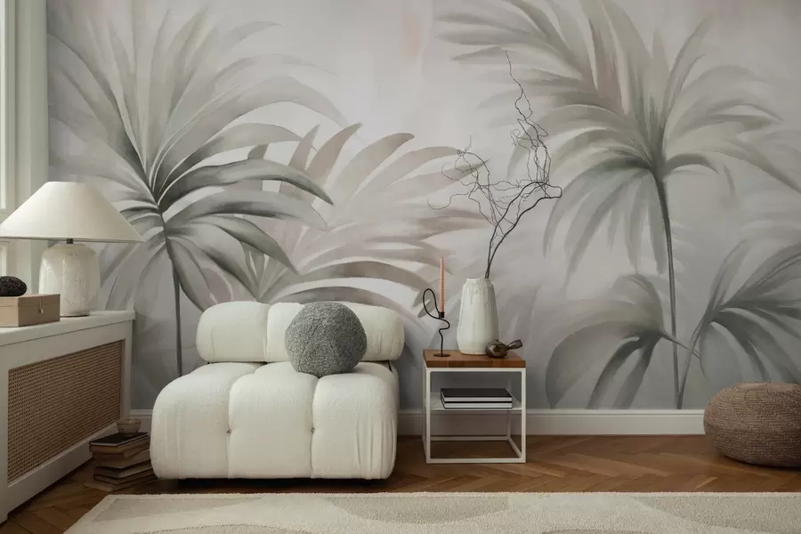 Fotobehang Palmboom getextureerde bladeren in neutrale kleuren, beige abstracte achtergrond, zachte penseelstreken, tropisch getextureerd gebladerte w09380
