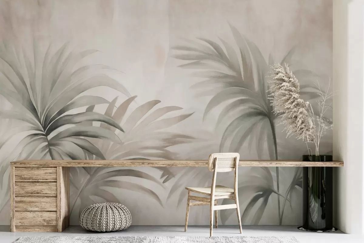Fotobehang Palmboom getextureerde bladeren in neutrale kleuren, beige abstracte achtergrond, zachte penseelstreken, tropisch getextureerd gebladerte w09380