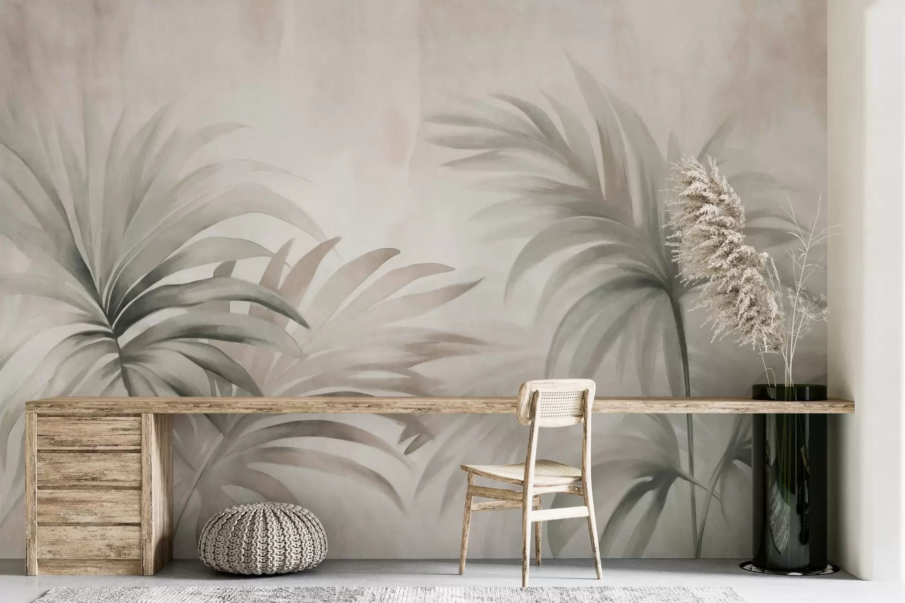 Fotobehang Palmboom getextureerde bladeren in neutrale kleuren, beige abstracte achtergrond, zachte penseelstreken, tropisch getextureerd gebladerte w09380
