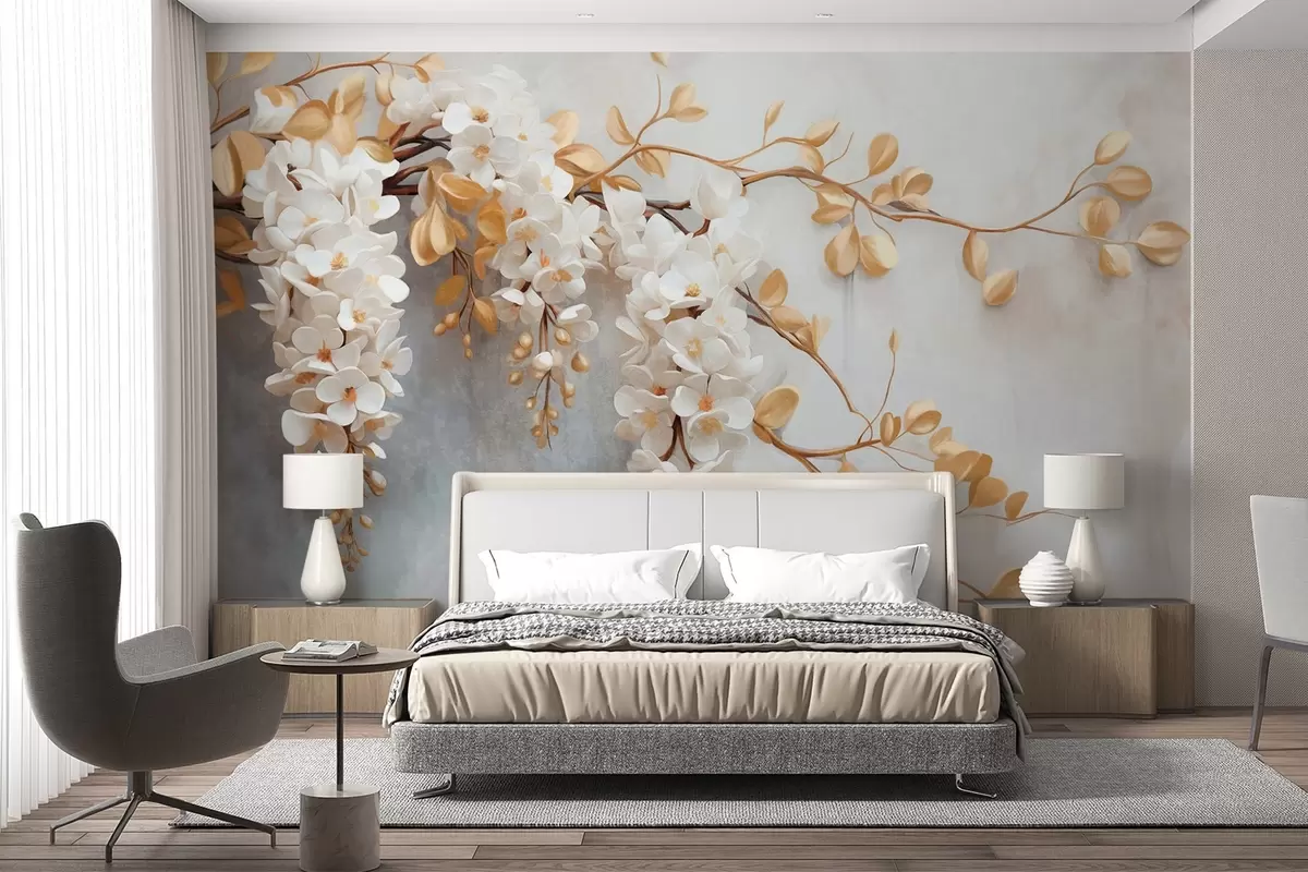 Fotobehang Witte blauwe regen bloemen met gele bladeren op een tak, trapsgewijs naar beneden tegen een textuur witte achtergrond, delicate bloemblaadjes w09381