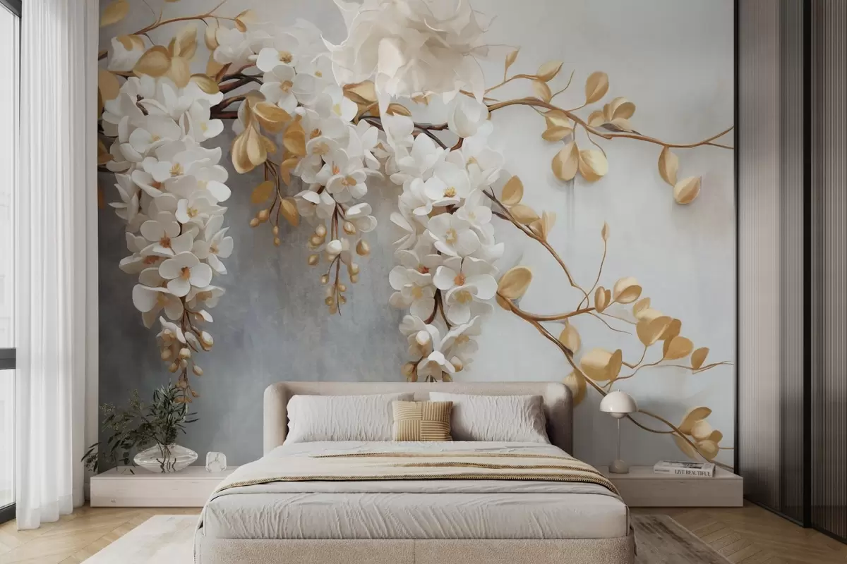 Fotobehang Witte blauwe regen bloemen met gele bladeren op een tak, trapsgewijs naar beneden tegen een textuur witte achtergrond, delicate bloemblaadjes w09381