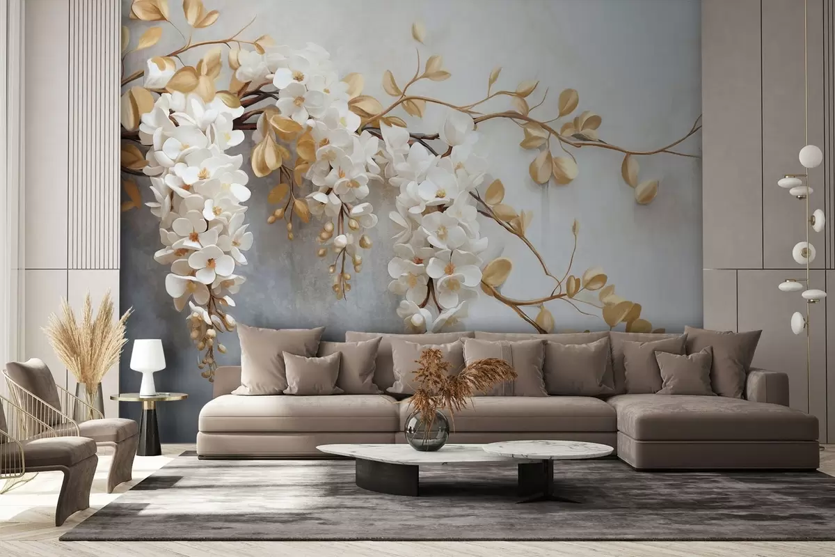Fotobehang Witte blauwe regen bloemen met gele bladeren op een tak, trapsgewijs naar beneden tegen een textuur witte achtergrond, delicate bloemblaadjes w09381