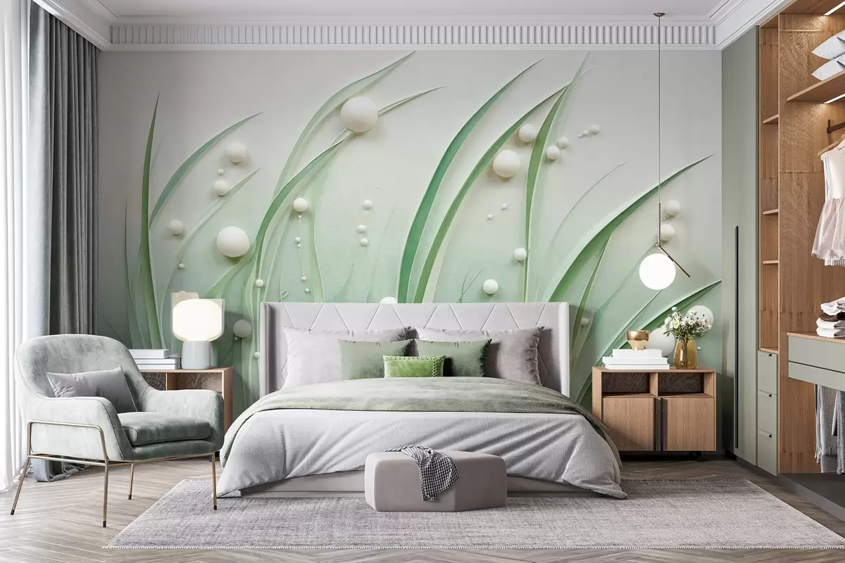 Fotobehang Abstract groen gras met witte bollen, lichtgroene achtergrond, structuur, strakke lijnen, minimalistische stijl w09382