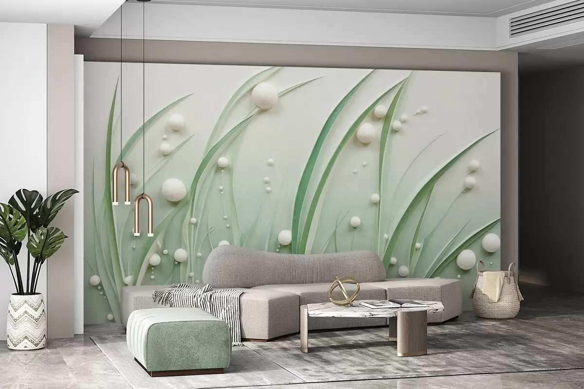 Fotobehang Abstract groen gras met witte bollen, lichtgroene achtergrond, structuur, strakke lijnen, minimalistische stijl w09382