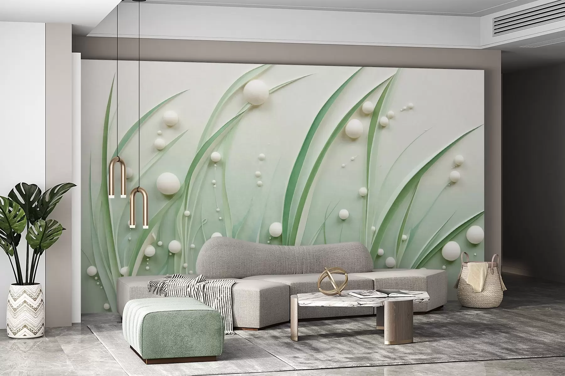 Fotobehang Abstract groen gras met witte bollen, lichtgroene achtergrond, structuur, strakke lijnen, minimalistische stijl w09382