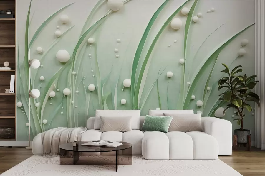 Fotobehang Abstract groen gras met witte bollen, lichtgroene achtergrond, structuur, strakke lijnen, minimalistische stijl w09382