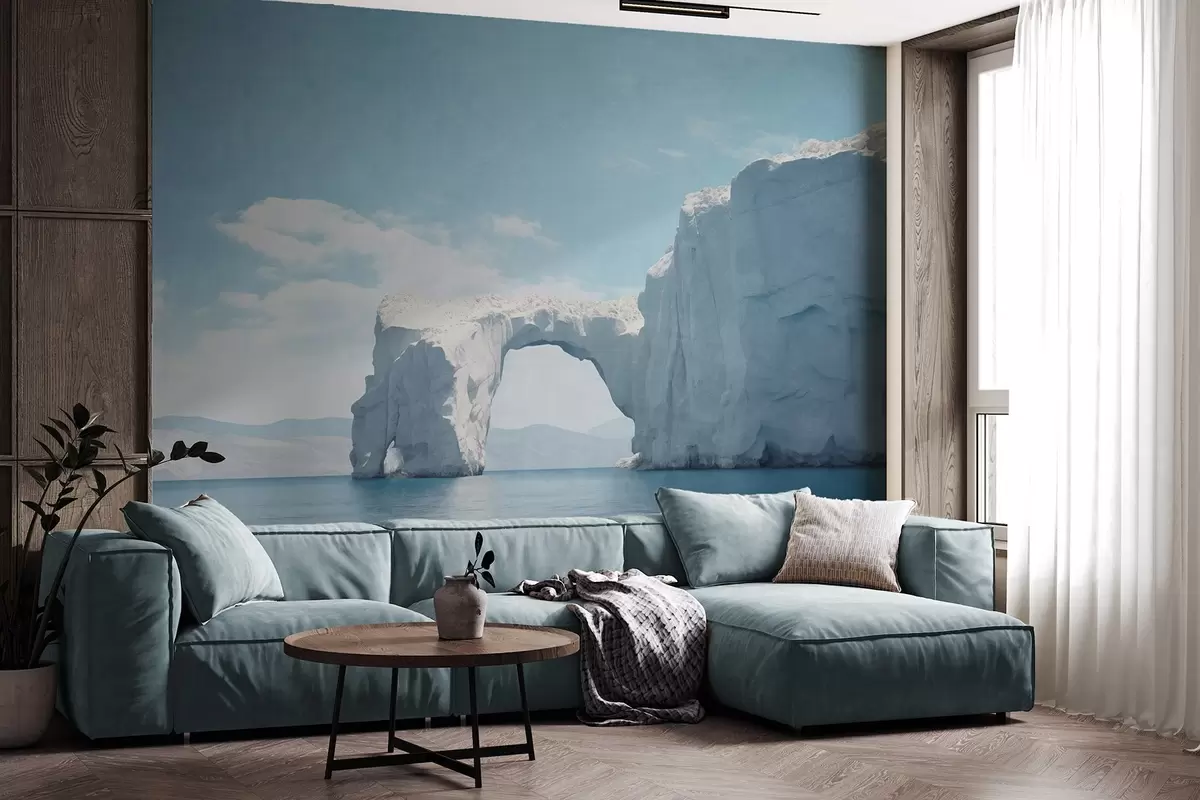 Fotobehang Landschap met natuurlijke ijsbrug over de oceaan , helderblauwe lucht met enkele wolken, getextureerde print w09383