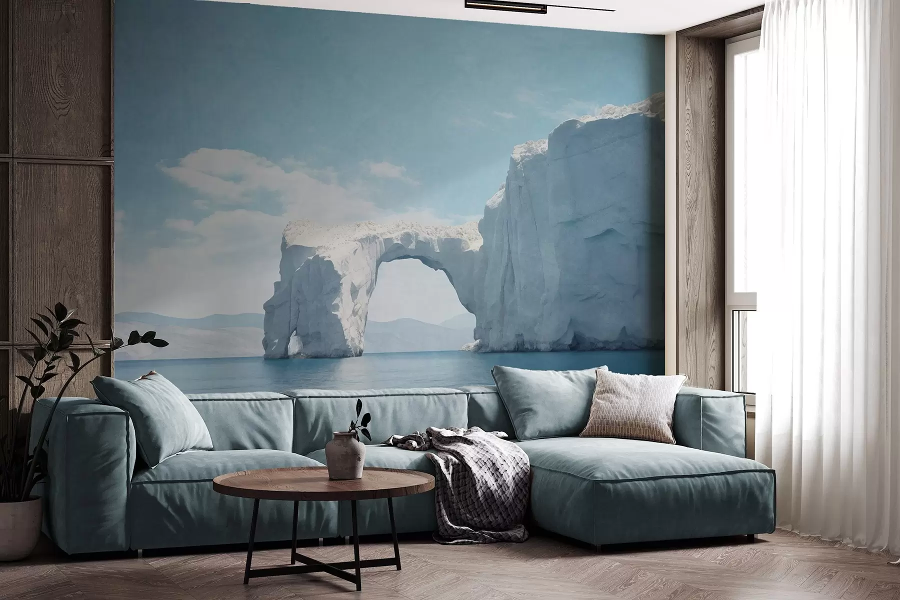 Fotobehang Landschap met natuurlijke ijsbrug over de oceaan , helderblauwe lucht met enkele wolken, getextureerde print w09383