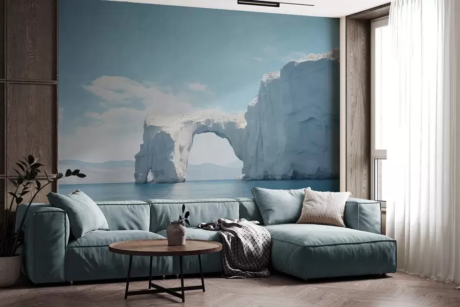 Fotobehang Landschap met natuurlijke ijsbrug over de oceaan , helderblauwe lucht met enkele wolken, getextureerde print w09383