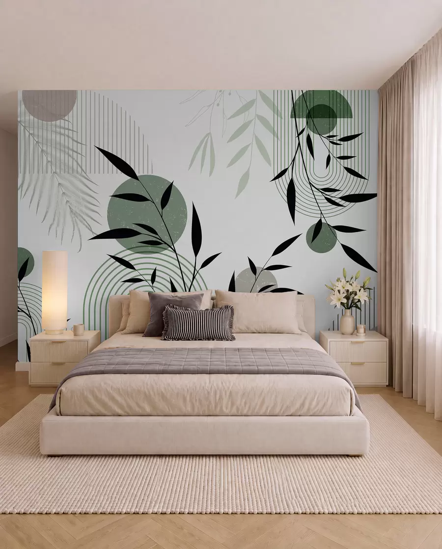 Fotobehang Gestructureerde abstracte print met geometrische vormen, cirkels en bogen en zwarte en groene planten op een witte achtergrond w09384