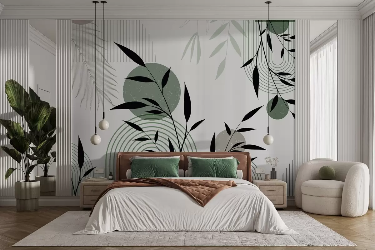 Fotobehang Gestructureerde abstracte print met geometrische vormen, cirkels en bogen en zwarte en groene planten op een witte achtergrond w09384