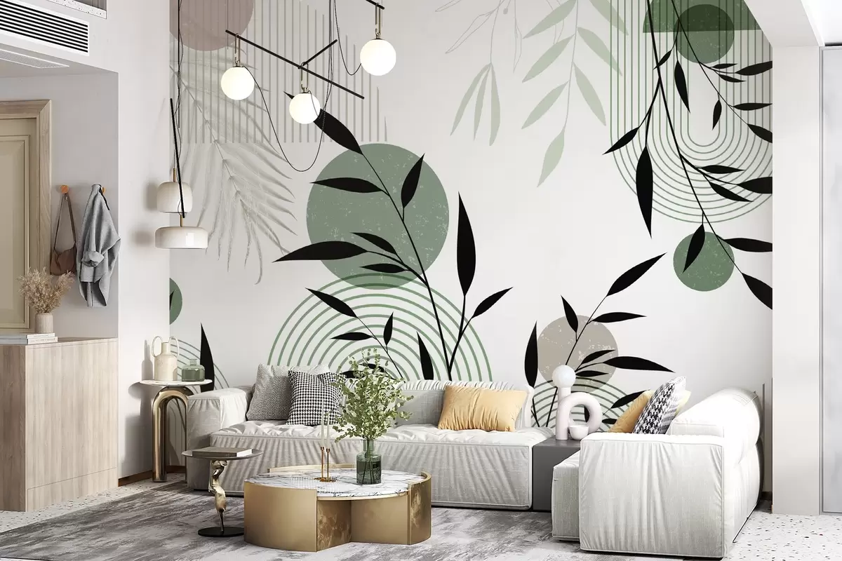 Fotobehang Gestructureerde abstracte print met geometrische vormen, cirkels en bogen en zwarte en groene planten op een witte achtergrond w09384