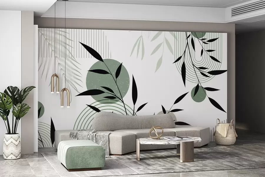 Fotobehang Gestructureerde abstracte print met geometrische vormen, cirkels en bogen en zwarte en groene planten op een witte achtergrond w09384