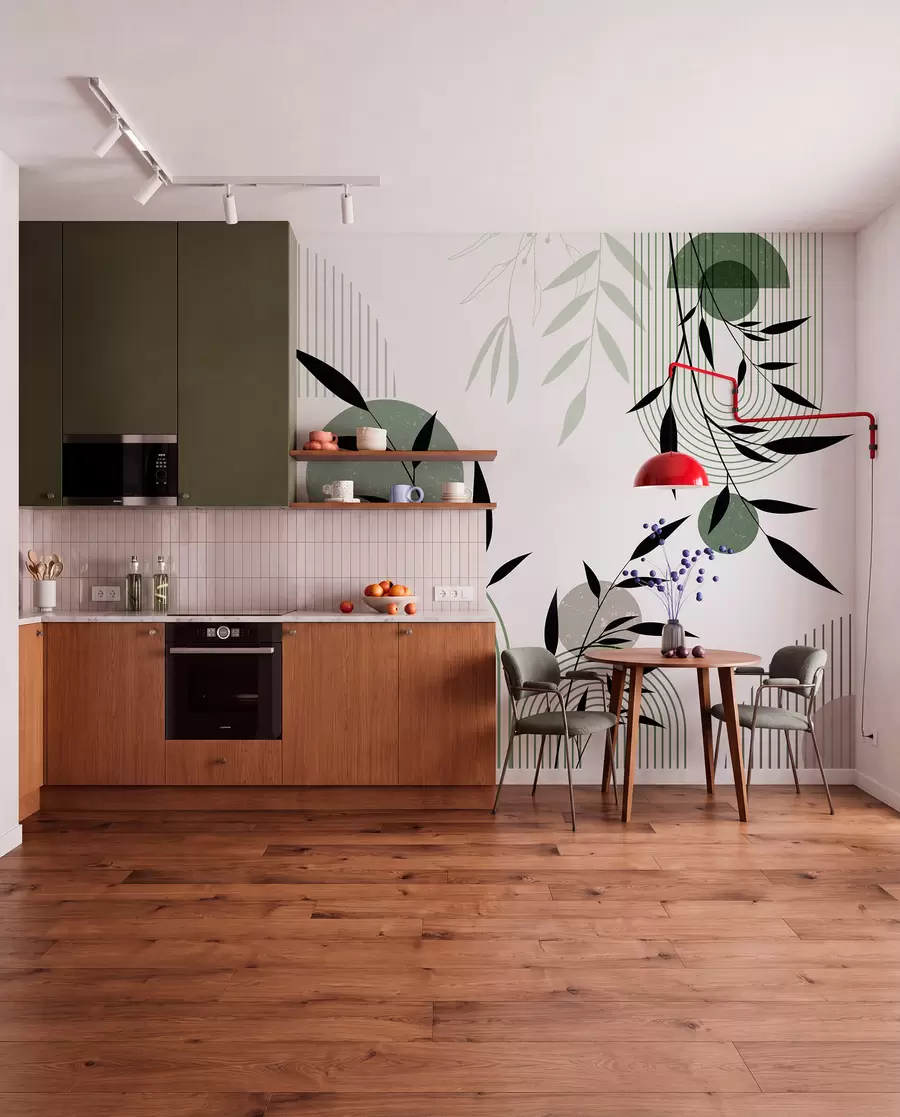 Fotobehang Gestructureerde abstracte print met geometrische vormen, cirkels en bogen en zwarte en groene planten op een witte achtergrond w09384