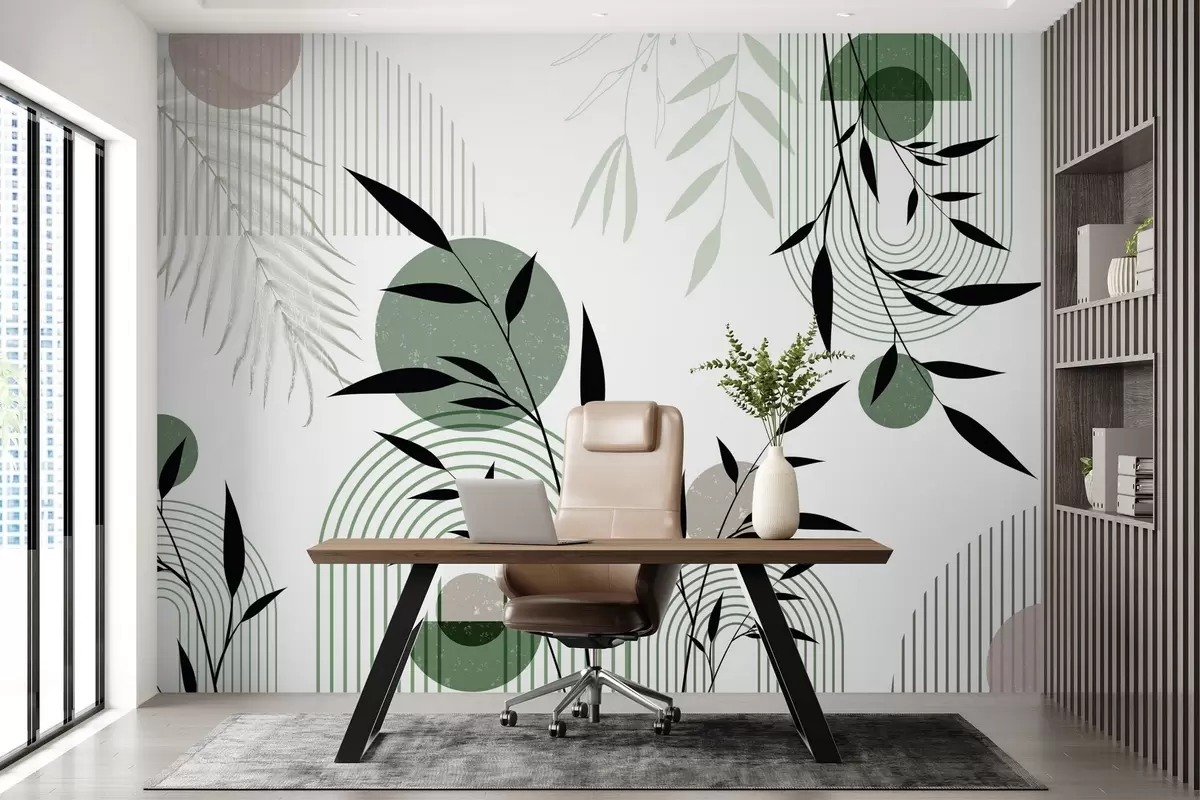 Fotobehang Gestructureerde abstracte print met geometrische vormen, cirkels en bogen en zwarte en groene planten op een witte achtergrond w09384