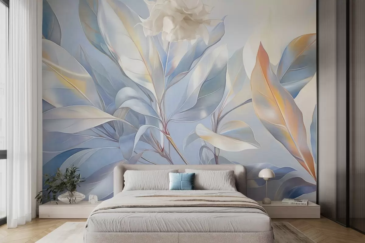 Fotobehang Magnoliabladeren met witte en blauwe tinten, zachte verlichting, elegante compositie, gedetailleerde bladnerven, artistieke penseelstreken w09385