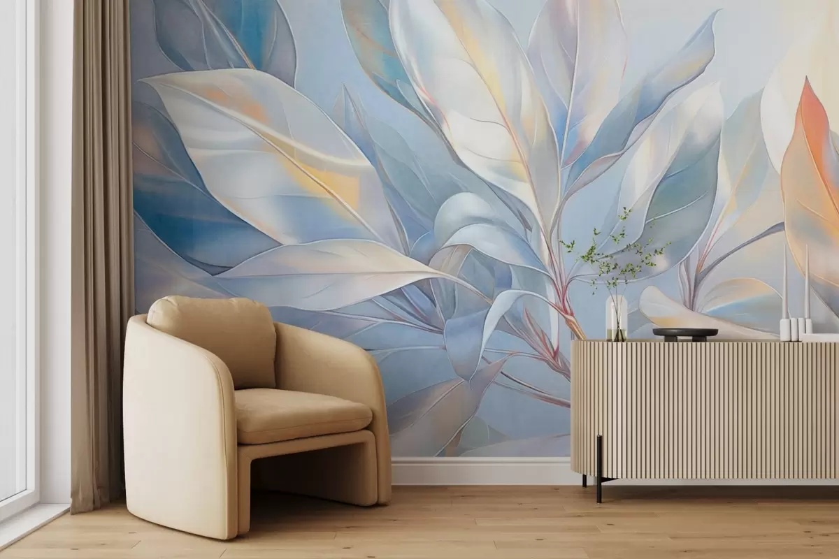 Fotobehang Magnoliabladeren met witte en blauwe tinten, zachte verlichting, elegante compositie, gedetailleerde bladnerven, artistieke penseelstreken w09385