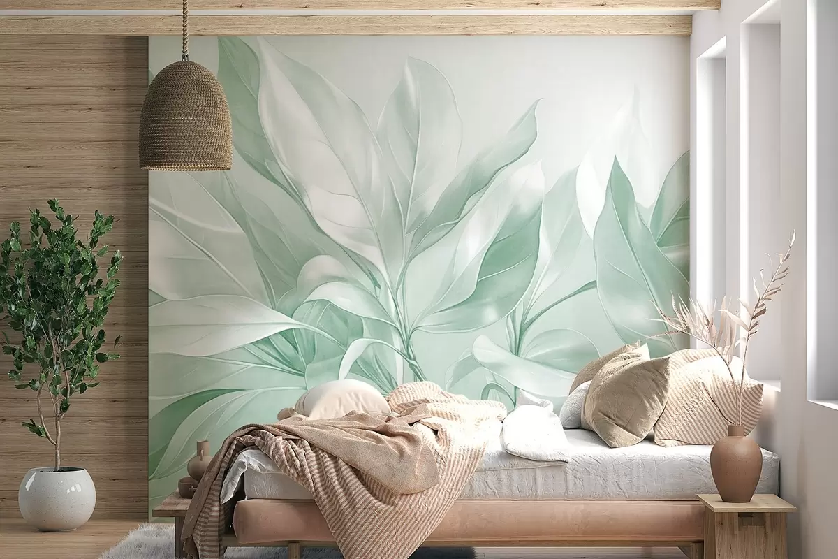 Fotobehang Magnoliabladeren met witte en groene tinten, zachte verlichting, elegante compositie, gedetailleerde bladnerven, artistieke penseelstreken w09385v1