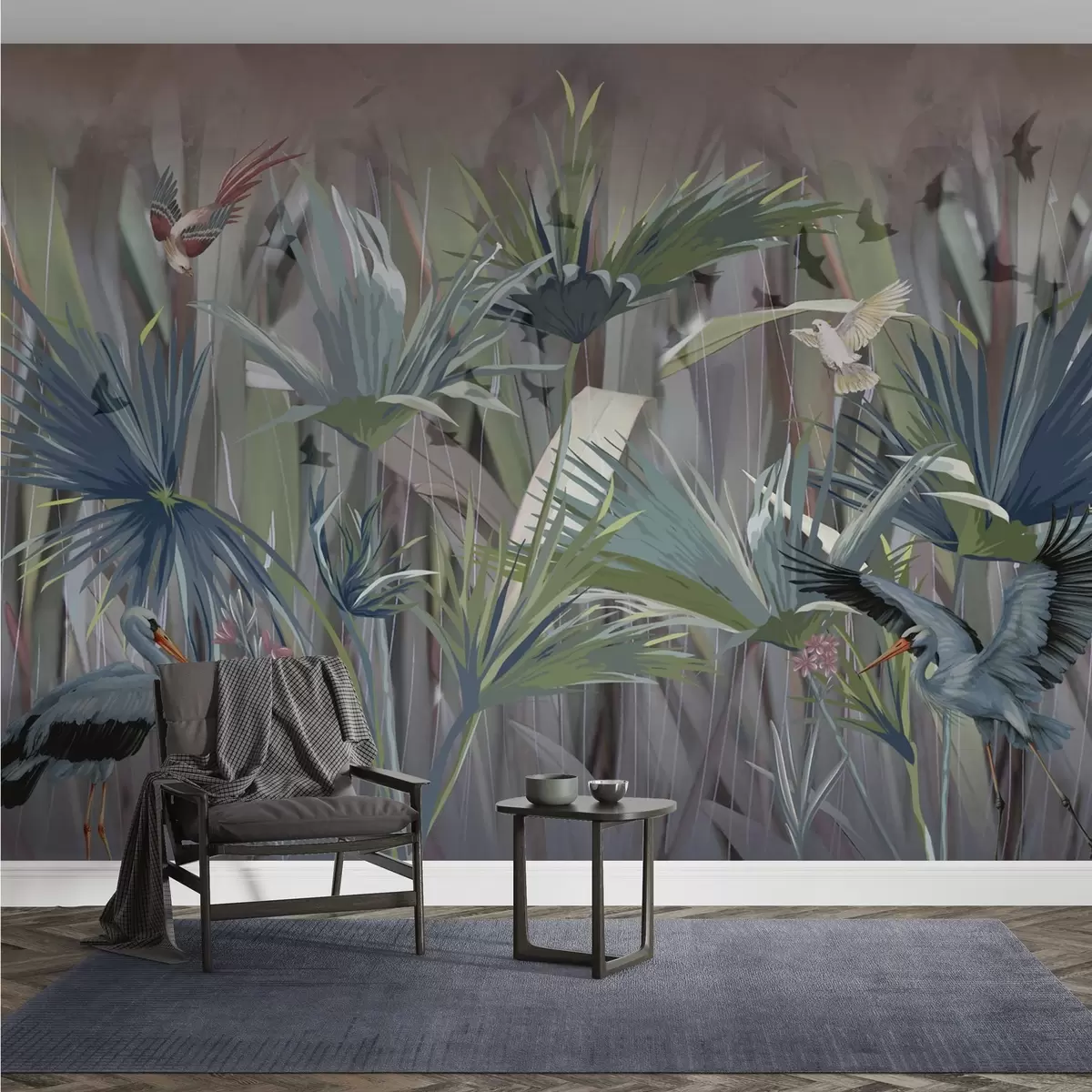 Fotobehang Exotische vogels tussen palmbladeren en bloemen w04458