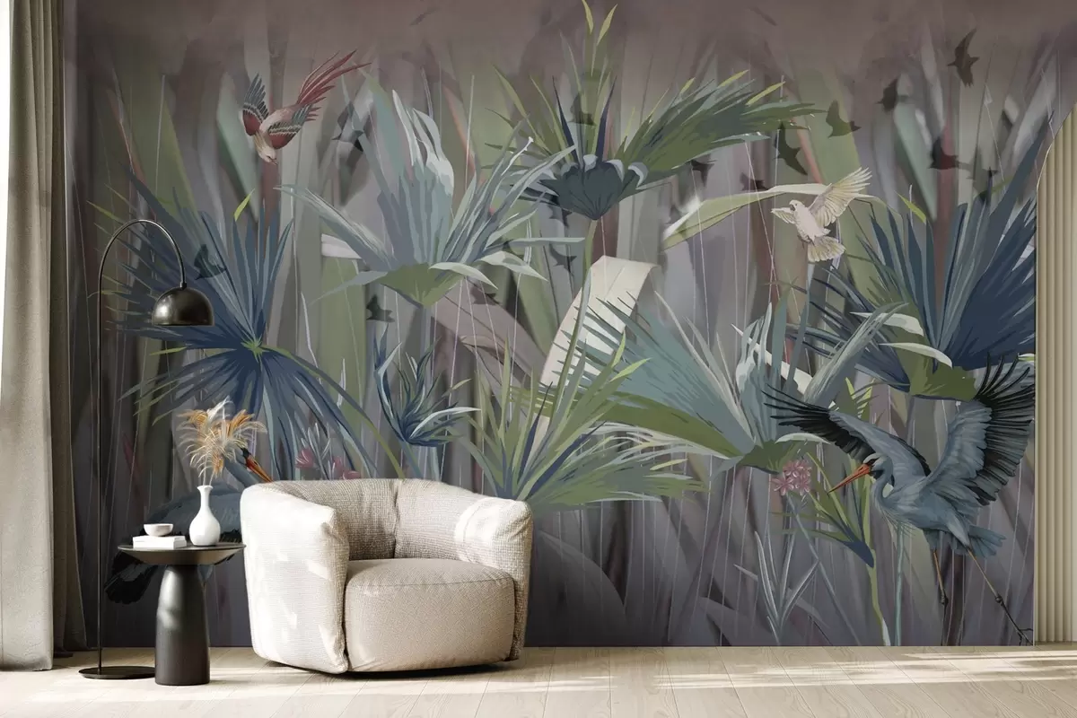Fotobehang Exotische vogels tussen palmbladeren en bloemen w04458